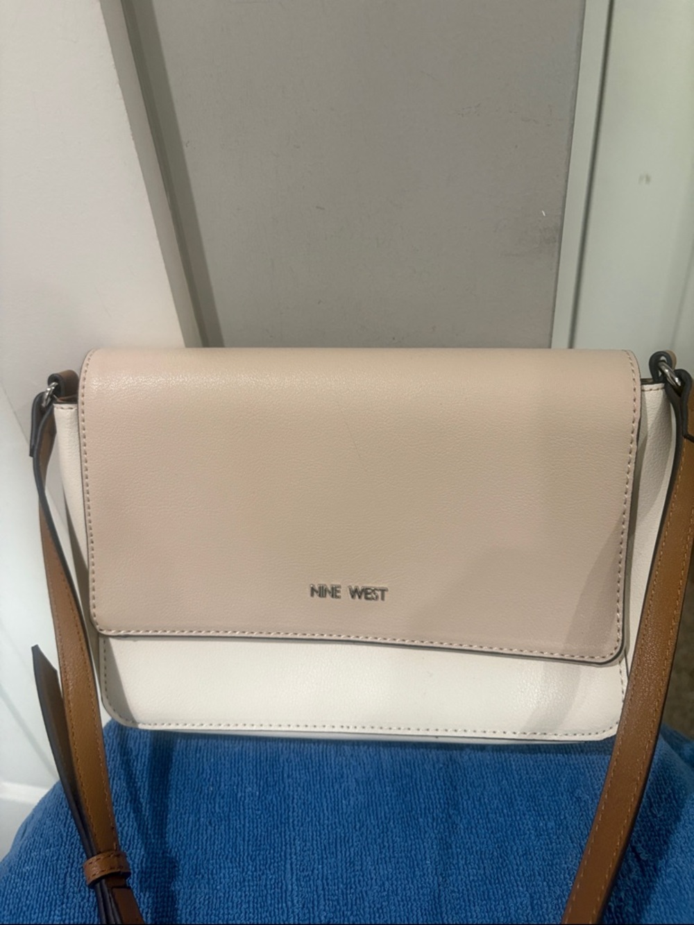 Nine West Two-Tone Beige & Cream Crossbody with Brown Strap